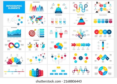 Set of infographic presentation slides. Puzzles, map, arrows, flowchart and circle diagrams. Vector illustration for business data visualization.