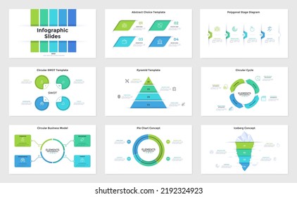 Set of infographic presentation slides - pyramid and circular pie charts, iceberg layered graph, progress bar, SWOT chart. Minimal flat vector illustration for business information visualization.
