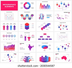 Set of infographic presentation slides. Road, pie chart, cycle, maps, arrows, flowchart and social media. Vector illustration for business data visualization.