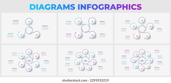 Set of infographic presentation slides. Round diagrams with circles and thin line arrows