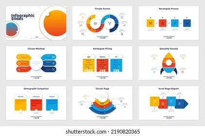 Set of infographic presentation slides - spaceship diagram, demographic comparison chart, mind map, pricing table. Minimal flat vector illustration for business information visualization, report.