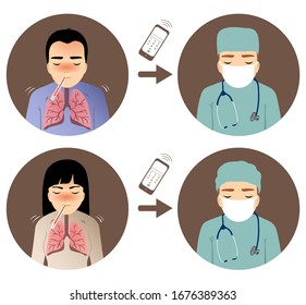 Set of infographic showing people with coronavirus symptoms calling doctor. Man and woman who have fever, problem with lungs, headache and the doctors with stethoscope. Vector image, eps10