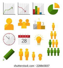 Set of infographic and statistic flat icons in color.