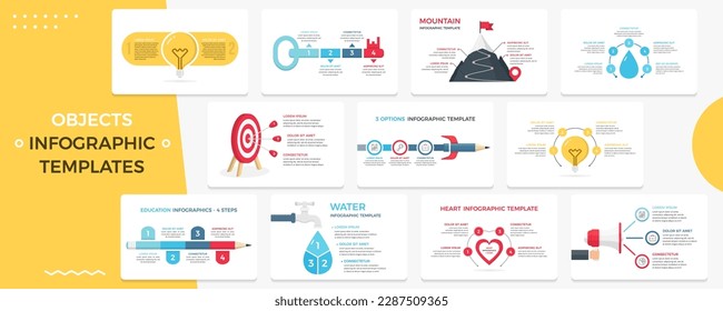 Set of infographic templates with different objects for web, business and presentations - target with arrows, heart, bulb, pencil, key to success, water, vector eps10 illustration