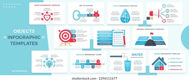 Satz Infografik-Vorlagen mit verschiedenen Objekten - Herz, Stift, Schlüssel zum Erfolg, Haus, Berg, Checkliste, Infografiken für Präsentationen, Web, Business, Vektoreps10 Illustrationen