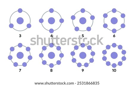 Set of infographic templates in form of schematic round 3, 4, 5, 6, 7, 8, 9, 10 frames located in circle from central circle. Vector illustration of empty schemes for text, pictograms, structure.