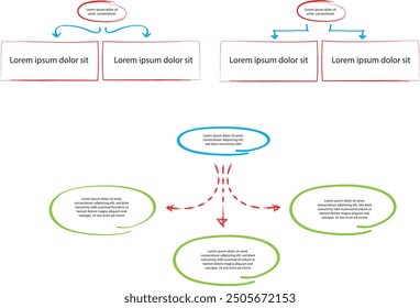 Set von Infografik-Vorlagen mit handgezeichneten Elementen, Flussdiagramm, Kreisdiagramm, Prozess, Schritten und Optionen, Vektorgrafik eps10