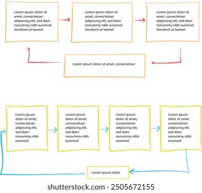 Set of infographic templates with hand drawn elements, flowchart, circle diagram, process, steps and options, vector eps10 illustration