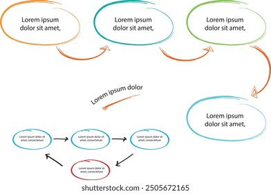 Conjunto de Plantillas de infografía con Elementos dibujados a mano, diagrama de flujo, diagrama circular, proceso, pasos y opciones, Vector eps10 ilustración