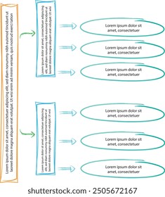 Set von Infografik-Vorlagen mit handgezeichneten Elementen, Flussdiagramm, Kreisdiagramm, Prozess, Schritten und Optionen, Vektorgrafik eps10