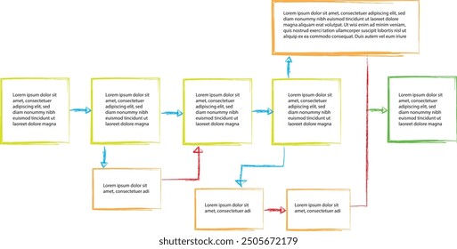 Conjunto de Plantillas de infografía con Elementos dibujados a mano, diagrama de flujo, diagrama circular, proceso, pasos y opciones, Vector eps10 ilustración