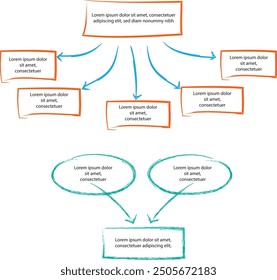 Set of infographic templates with hand drawn elements, flowchart, circle diagram, process, steps and options, vector eps10 illustration