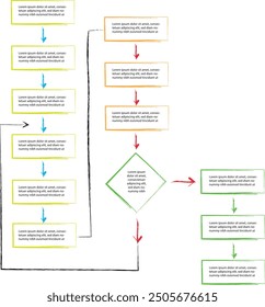 Set of infographic templates with hand drawn elements, flowchart, circle diagram, process, steps and options, vector eps10 illustration