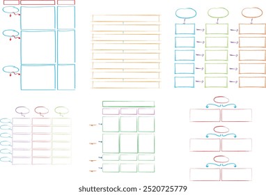 Set von Infografik-Vorlagen mit handgezeichneten Elementen, Flussdiagramm, Kreisdiagramm, Prozess, Schritten und Optionen, Vektorgrafik eps10