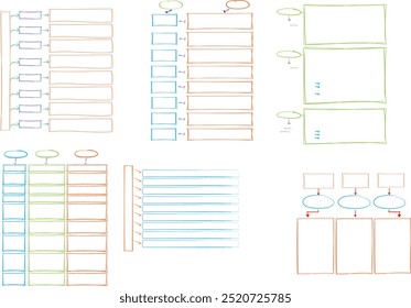 Set von Infografik-Vorlagen mit handgezeichneten Elementen, Flussdiagramm, Kreisdiagramm, Prozess, Schritten und Optionen, Vektorgrafik eps10