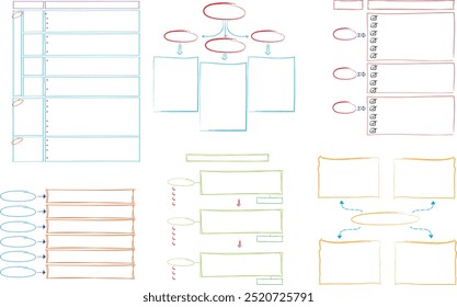 Set von Infografik-Vorlagen mit handgezeichneten Elementen, Flussdiagramm, Kreisdiagramm, Prozess, Schritten und Optionen, Vektorgrafik eps10