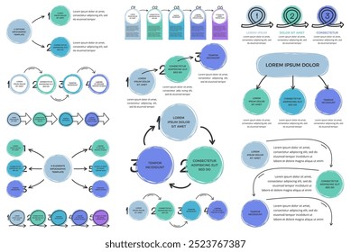 Conjunto de Plantillas de infografía con Elementos dibujados a mano, diagrama de flujo, diagrama de círculo, proceso, pasos y opciones, Vector eps10 ilustración