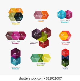 Set of infographic templates with text and options. Elements of business brochure, presentation and web design navigation layout