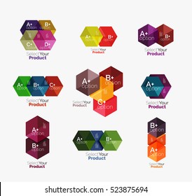 Conjunto de plantillas infográficas con texto y opciones. Elementos del folleto comercial, presentación y diseño de navegación en la web