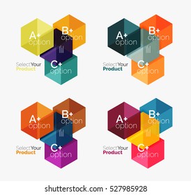Set of infographic templates with text and options. Elements of business brochure, presentation and web design navigation layout