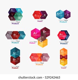 Set of infographic templates with text and options. Elements of business brochure, presentation and web design navigation layout
