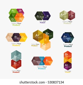 Conjunto de plantillas infográficas con texto y opciones. Elementos del folleto comercial, presentación y diseño de navegación en la web