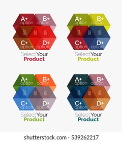 Conjunto de plantillas infográficas con texto y opciones. Elementos del folleto comercial, presentación y diseño de navegación en la web