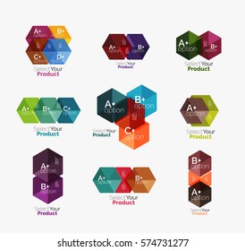 Conjunto de plantillas infográficas con texto y opciones. Elementos del folleto comercial, presentación y diseño de navegación en la web