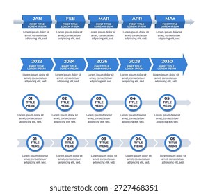 Set von Infografik-Zeitleiste mit 5 Schritten auf einem 16:9 Layout für Business-Präsentationen, Management und Bewertung.