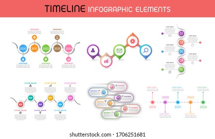 Conjunto de línea de tiempo infográfica, hoja de ruta, ideas, estrategia sobre fondo blanco, ilustración vectorial.Diseño de presentación de hitos para el plan, pasos, proceso, historial, flujo de trabajo.