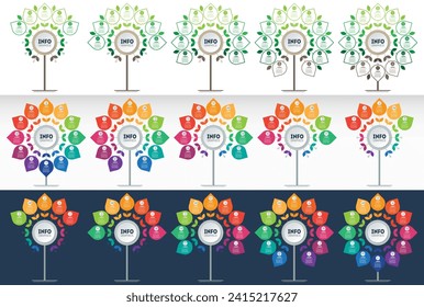 Conjunto de infografías con 5, 7, 9, 11 y 12 partes. Un gráfico o presentaciones divididas por cinco opciones. Ecosistema.