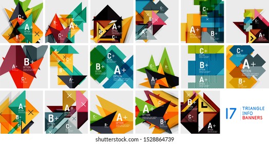Set of infographics with a b c steps, option workflow layout diagrams, triangle geometric shapes. Vector art