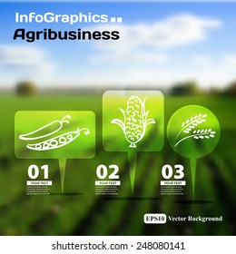 Set of infographics with blurry photographic background on the topic of agriculture