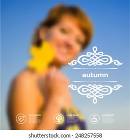 Set of infographics with blurry photographic background with the girl, and yellow leaves in autumn