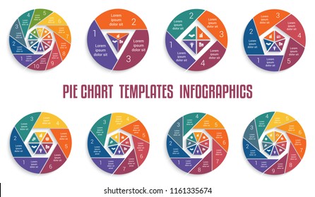 Set of Infographics Business Vector Pie Charts patterns for design 3 4 5 6 7 8 9 10 variants, steps, parts, workflows.