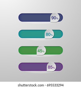 A set of Infographics button sliders in icon vector for player audio navigation media music infographics application in blue, green, purple color and grey background.