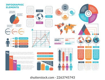 Set of infographics. Collection of graphs, diagrams and charts for marketing research. Work with statistics and information, analytics. Cartoon flat vector illustrations isolated on white background