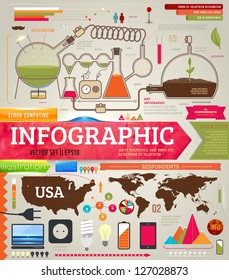 Set of infographics for design with chemical and medical elements, phones, lamps and world and USA maps, eps 10 vector illustration