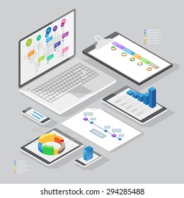 Set of infographics design elements on stationery and computer devices. Isometric style. Vector illustration.