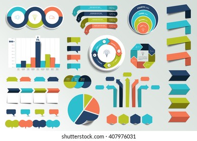 Set of infographics elements charts, graphs, circle charts, diagrams, speech bubbles. Flat and 3D design. Vector.