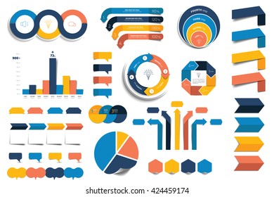 Set of infographics elements charts, graphs, diagrams, speech bubbles. Flat and 3D design. Vector.