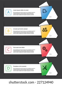 Set of infographics elements in the form of bended white paper strips and other flat shapes. For various purposes. Vector illustration on dark gray background 