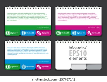 Set of infographics elements in the form of a jotter with tabs. For various purposes. Vector illustration