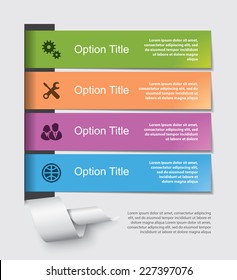 Set of infographics elements in the form of paper tapes and other flat shapes with sample text and icons. For various purposes. Vector illustration
