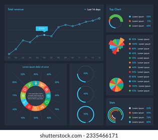 Conjunto de elementos de infografía sobre un fondo oscuro. conjunto de elementos gráficos de interfaz de usuario que le ayudarán a mostrar sus datos de forma clara y maravillosa. Use este kit para crear sus presentaciones o en la web.