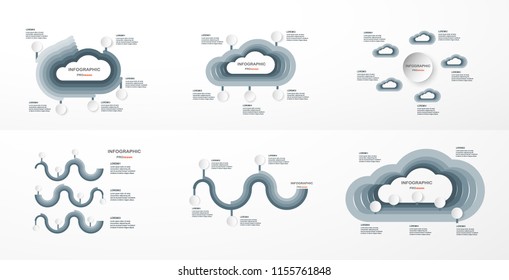 Set of infographics elements with paper cut clouds. Charts for business presentation, template, web banner and motion graphic with copy space for text on grey background.