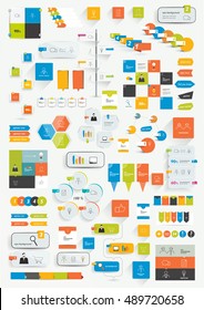 Set of infographics flat design elements. Various color schemes, boxes, speech bubbles, charts. Vector illustration.