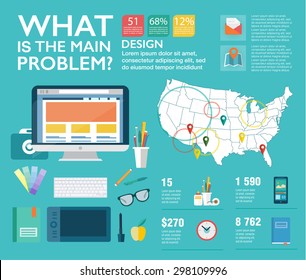 Set infographics in flat style. Vector illustrations about designer work, management, clients brief, design and communication. Use in website, corporate report, presentation, advertising, marketing