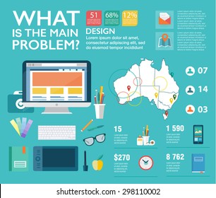 Set infographics in flat style. Vector illustrations about designer work, management, clients brief, design and communication. Use in website, corporate report, presentation, advertising, marketing