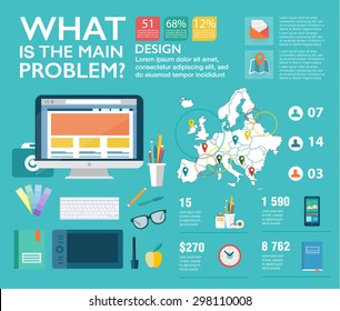 Set infographics in flat style. Vector illustrations about designer work, management, clients brief, design and communication. Use in website, corporate report, presentation, advertising, marketing